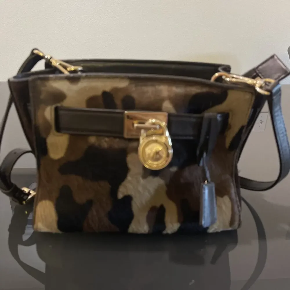 Michael Kors Hamilton Brown Suede Calf Hair Camouflage Handbag Purse Bag